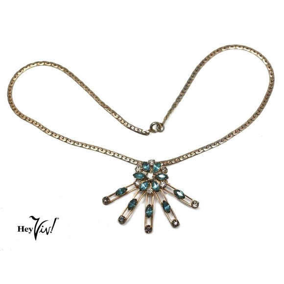 Vintage Set Can be Worn as a Necklace or Pin Blue Rhinestone Starburst -Hey Viv - Picture 5 of 8